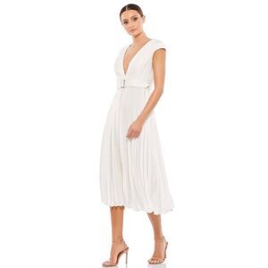 Ieena For Mac Duggal Cap Sleeve Belted A-Line Midi Dress White Women's Size 6